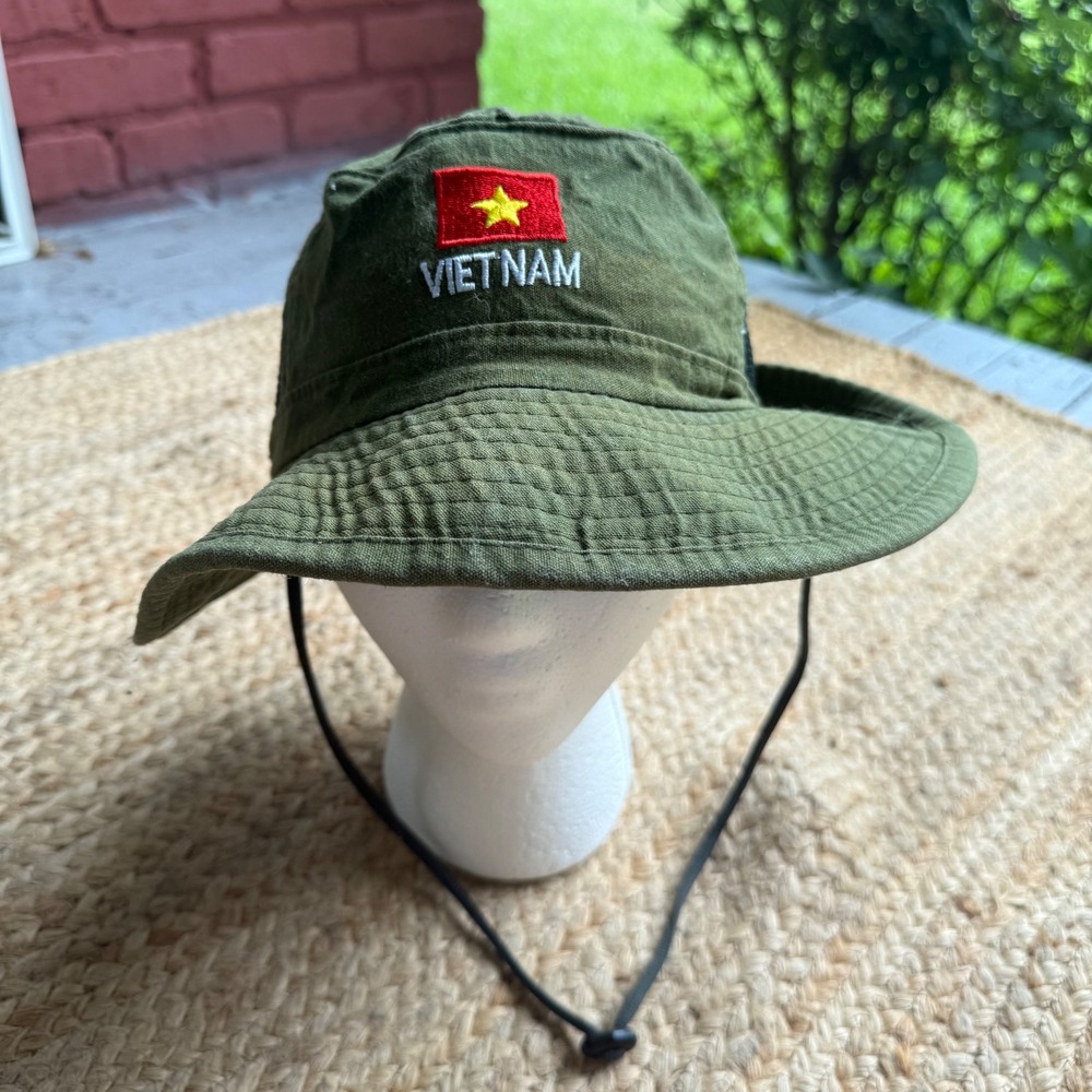 Vietnam Flag Souvenir Bucket Hat Olive Green Canvas Mesh Vent Chin Strap Hat